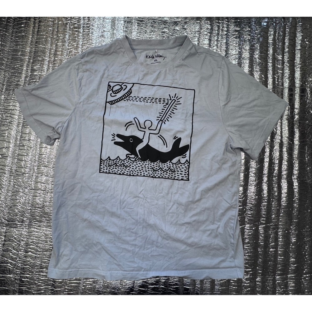 Keith Haring Graphic T-Shirt XL Light Blue Dolphin UFO Pop Art Streetwear Tee